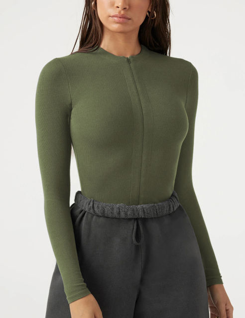 Army Green Ribbed Front Zip Long Sleeve Bodysuit