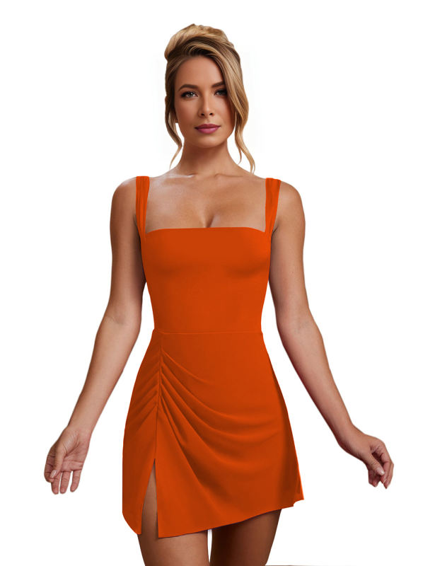 Orange Sleeveless Side Split Pleated Mini Dress