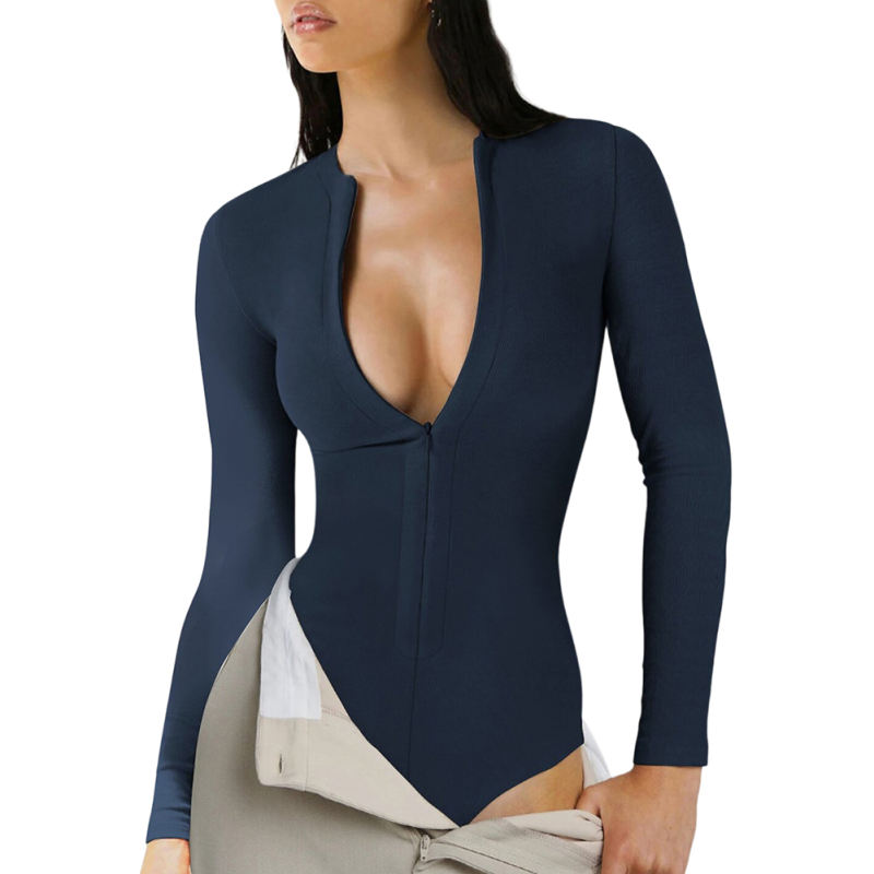 Navy Blue Ribbed Front Zip Long Sleeve Bodysuit