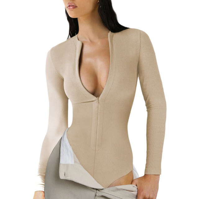 Apricot Ribbed Front Zip Long Sleeve Bodysuit