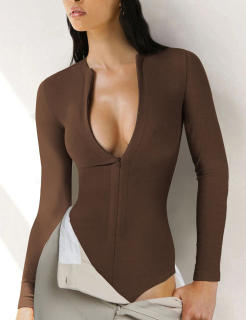 Coffee Ribbed Front Zip Long Sleeve Bodysuit