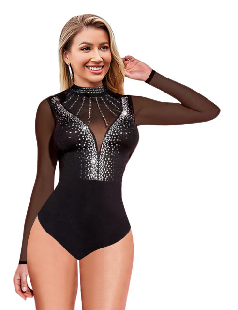 Black Rhinestone Mock Neck Mesh Long Sleeve Bodysuit