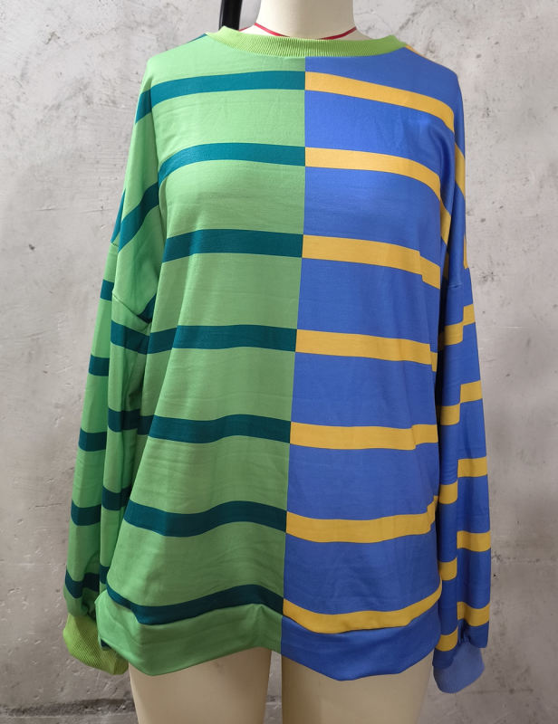 Green Blue Striped Long Sleeve Knit Sweatshirt