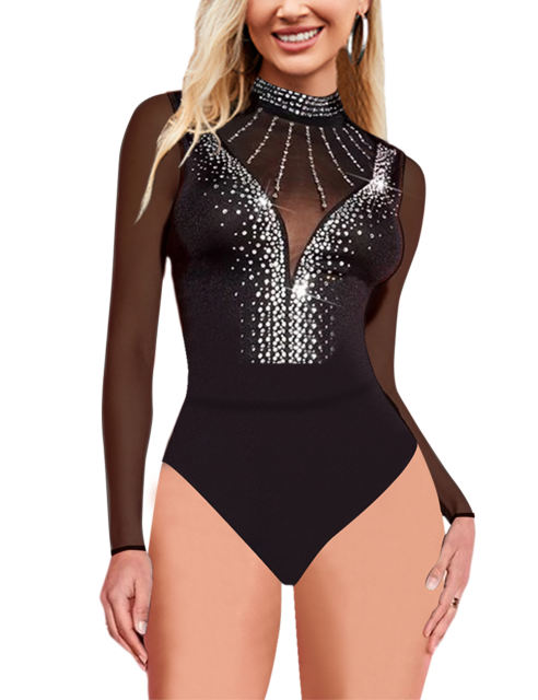 Black Rhinestone Mock Neck Mesh Long Sleeve Bodysuit