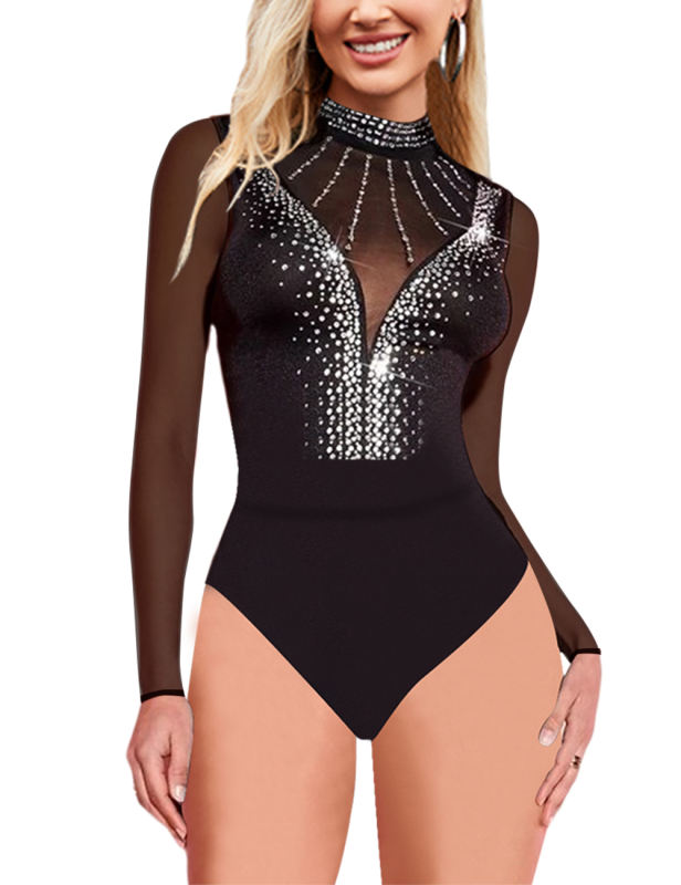 Black Rhinestone Mock Neck Mesh Long Sleeve Bodysuit