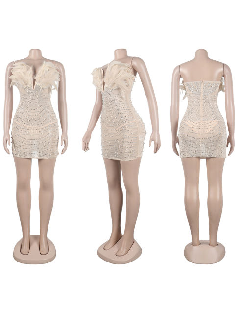 Apricot Feather Detail Rhinestones Mesh Bodycon Dress
