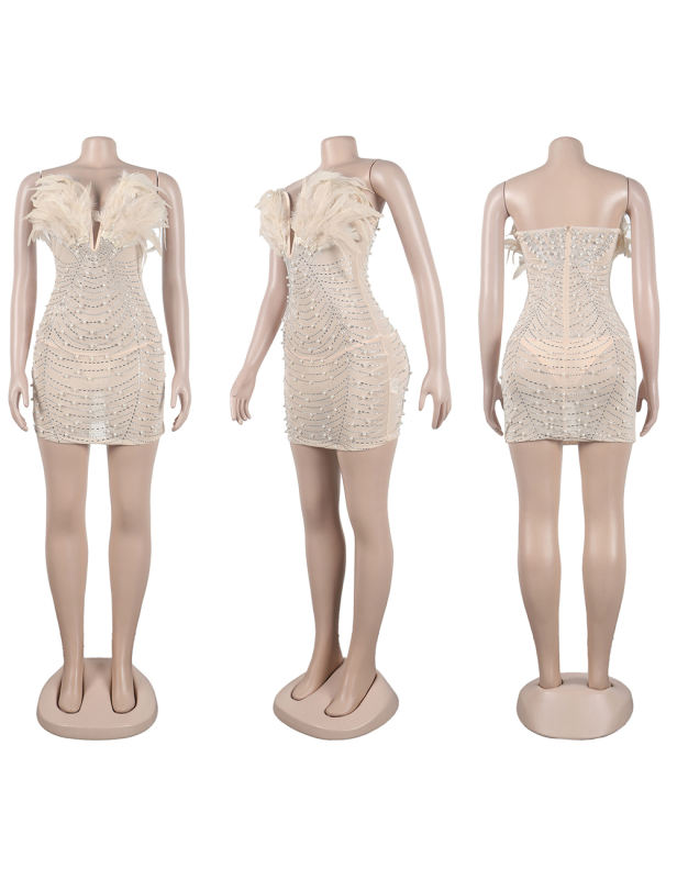 Apricot Feather Detail Rhinestones Mesh Bodycon Dress