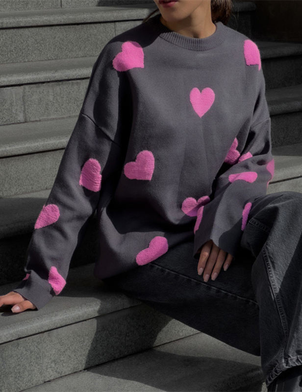 Rosy Embroidery Heart Drop Shoulder Knit Sweater in Gray