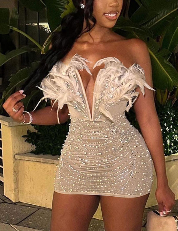 Apricot Feather Detail Rhinestones Mesh Bodycon Dress