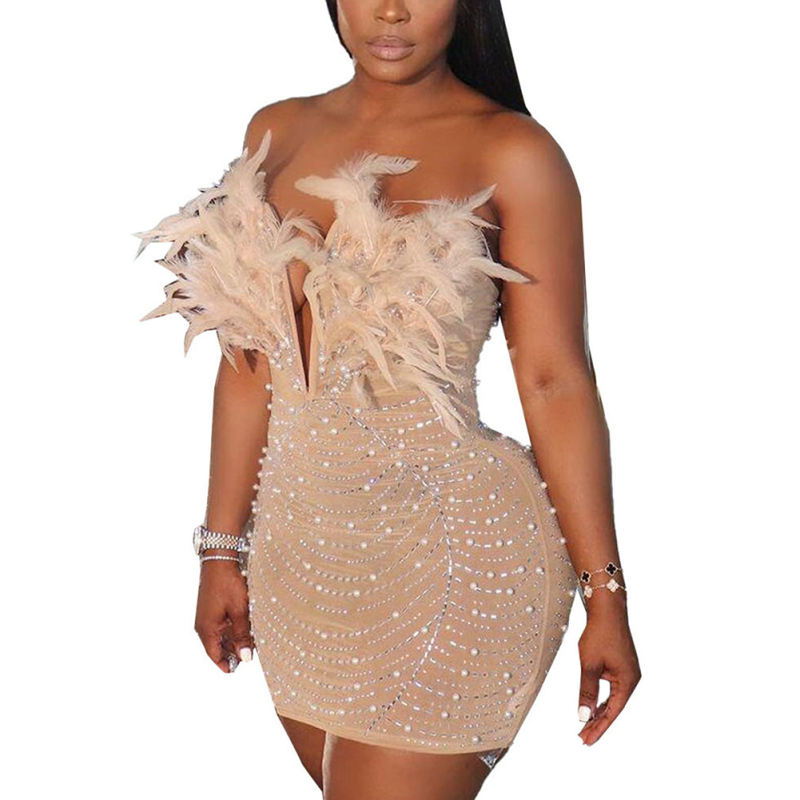 Apricot Feather Detail Rhinestones Mesh Bodycon Dress