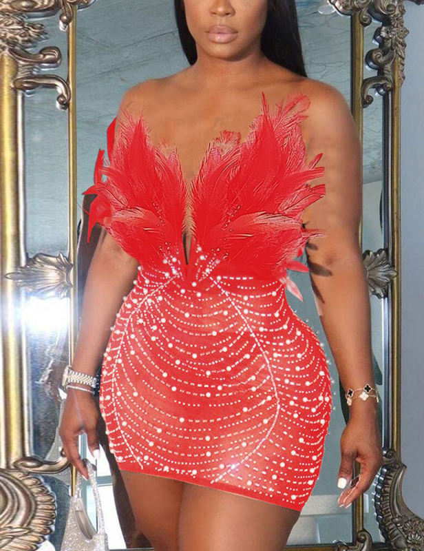 Red Feather Detail Rhinestones Mesh Bodycon Dress