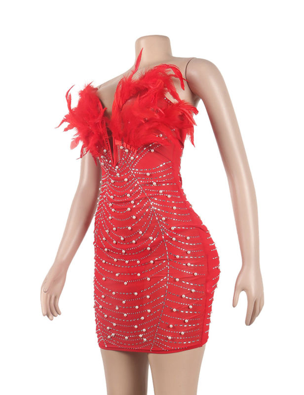Red Feather Detail Rhinestones Mesh Bodycon Dress