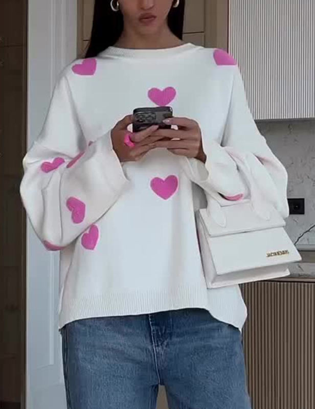 Rosy Embroidery Heart Drop Shoulder Knit Sweater