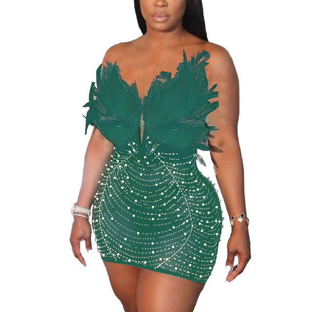 Green Feather Detail Rhinestones Mesh Bodycon Dress
