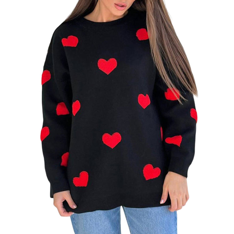 Red Embroidery Heart Drop Shoulder Knit Sweater in Red