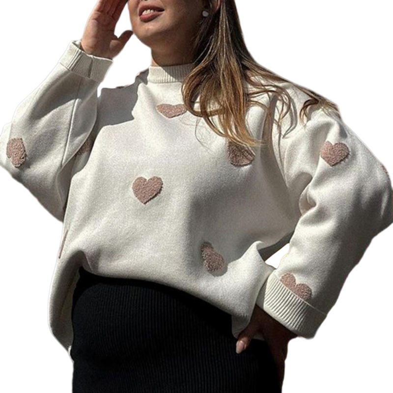 Khaki Embroidery Heart Drop Shoulder Knit Sweater