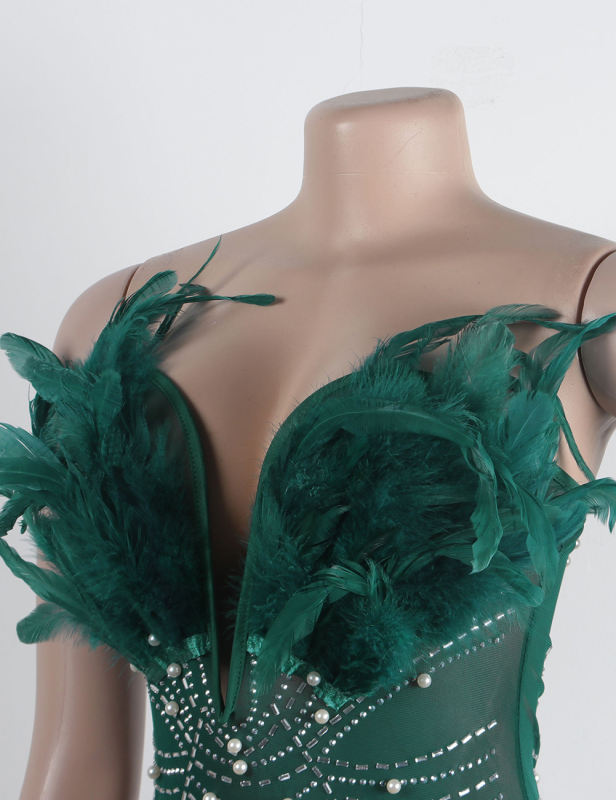Green Feather Detail Rhinestones Mesh Bodycon Dress