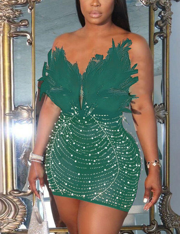 Green Feather Detail Rhinestones Mesh Bodycon Dress