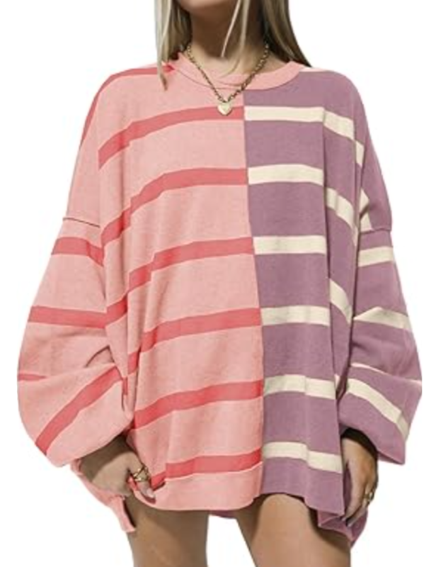 Pink Purple Striped Long Sleeve Knit Sweatshirt