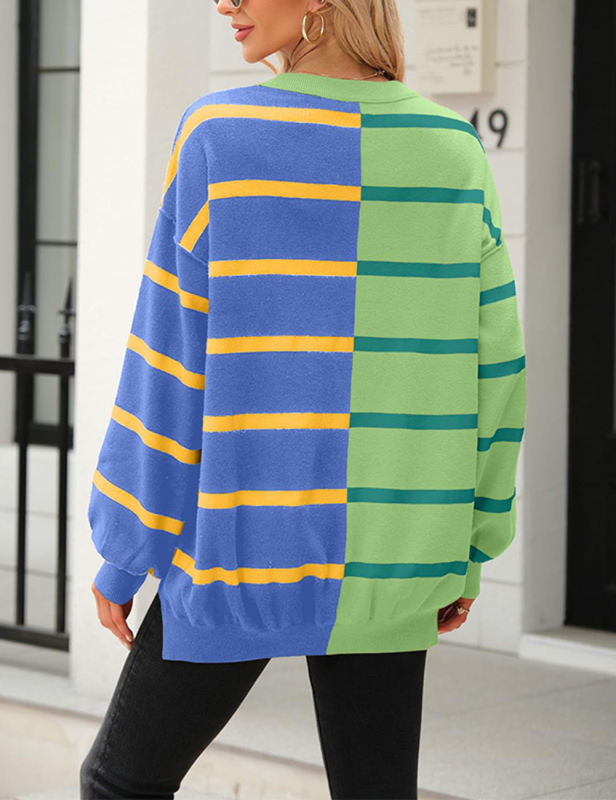 Green Blue Striped Long Sleeve Knit Sweatshirt