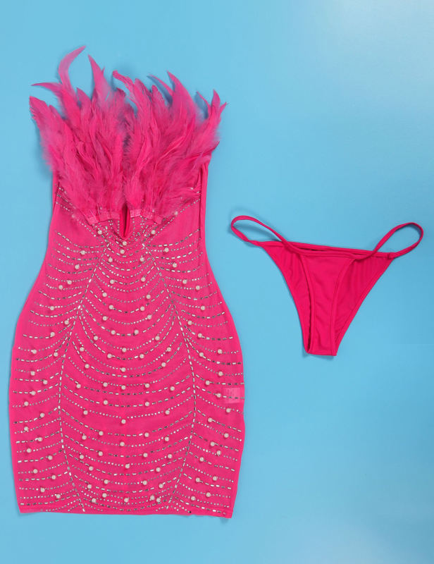 Pink Feather Detail Rhinestones Mesh Bodycon Dress