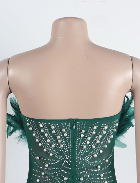 Green Feather Detail Rhinestones Mesh Bodycon Dress