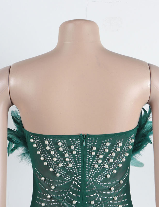 Green Feather Detail Rhinestones Mesh Bodycon Dress