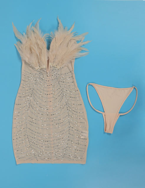 Apricot Feather Detail Rhinestones Mesh Bodycon Dress