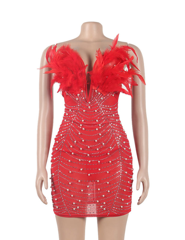 Red Feather Detail Rhinestones Mesh Bodycon Dress