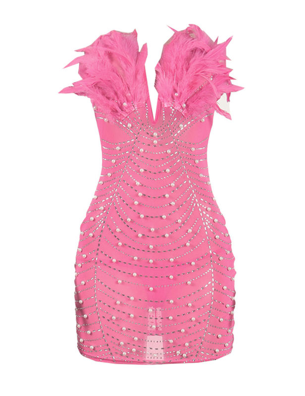 Pink Feather Detail Rhinestones Mesh Bodycon Dress