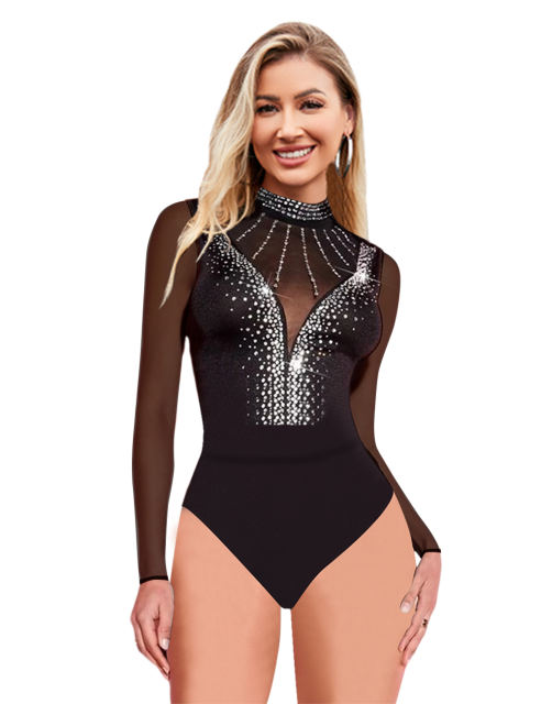 Black Rhinestone Mock Neck Mesh Long Sleeve Bodysuit