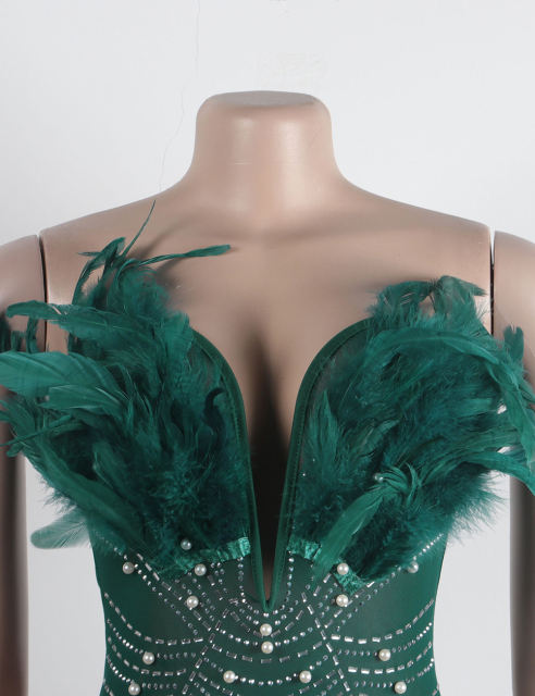Green Feather Detail Rhinestones Mesh Bodycon Dress