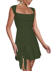 Army Green Ruffle Hem Side Split Square Neck Dress