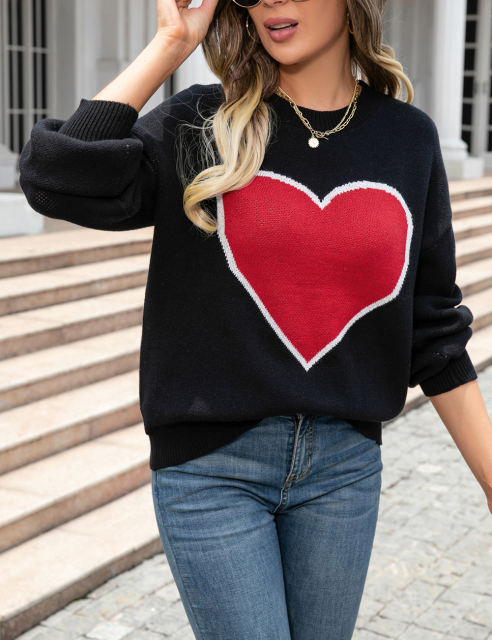 Black Heart Graphic Drop Shoulder Valentine Sweater