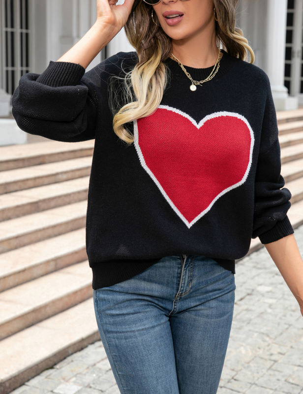 Black Heart Graphic Drop Shoulder Valentine Sweater