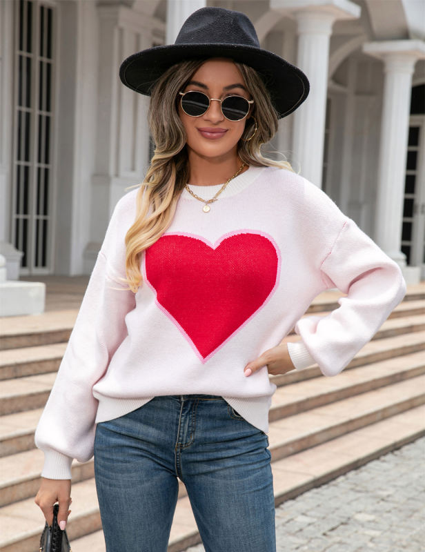 White Heart Graphic Drop Shoulder Valentine Sweater