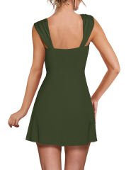 Army Green Ruffle Hem Side Split Square Neck Dress