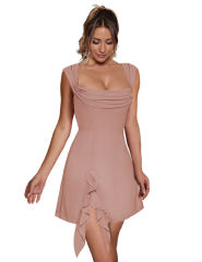 Pink Ruffle Hem Side Split Square Neck Dress