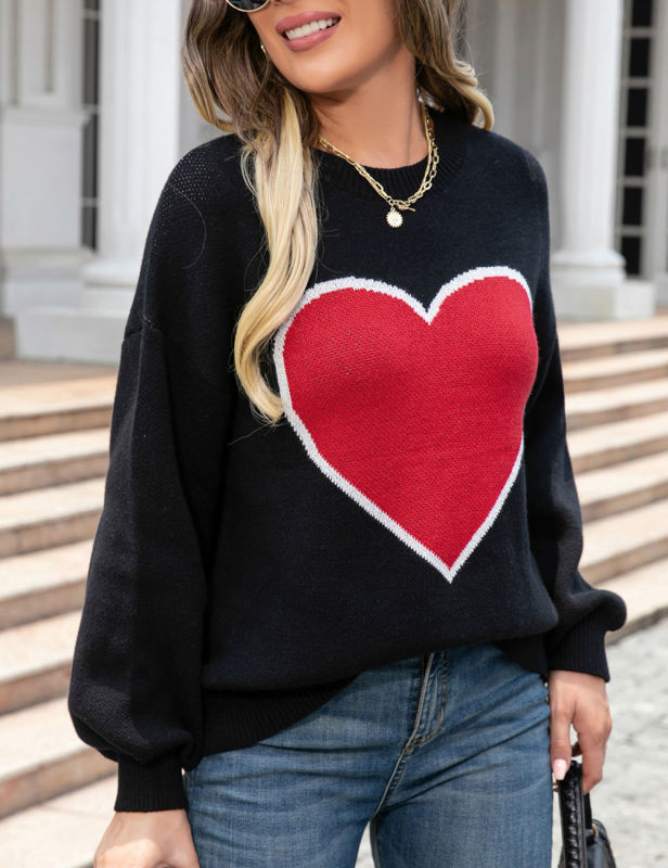Black Heart Graphic Drop Shoulder Valentine Sweater