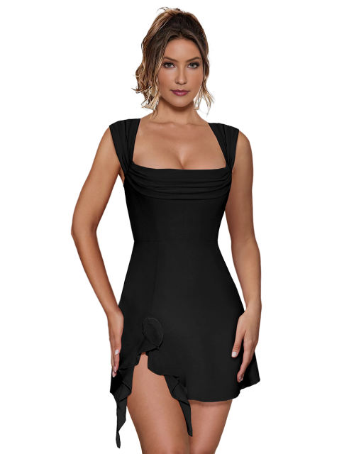 Black Ruffle Hem Side Split Square Neck Dress