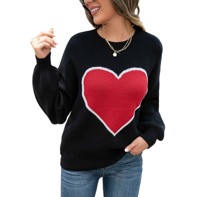 Black Heart Graphic Drop Shoulder Valentine Sweater