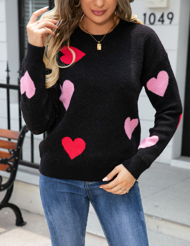 Black Hearts Graphic Pullover Knit Sweater
