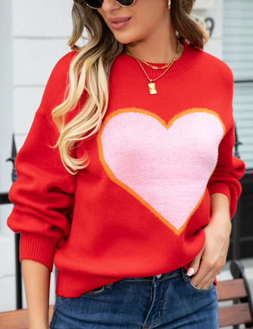 Red Heart Graphic Drop Shoulder Valentine Sweater