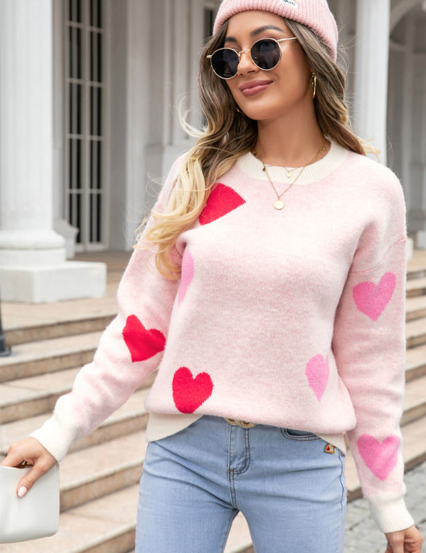 Pink Hearts Graphic Pullover Knit Sweater