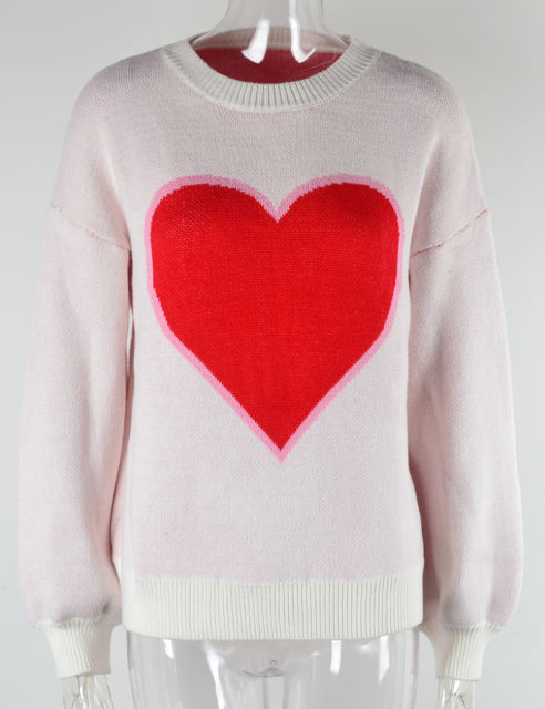 White Heart Graphic Drop Shoulder Valentine Sweater