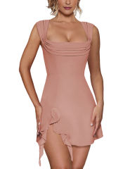 Pink Ruffle Hem Side Split Square Neck Dress