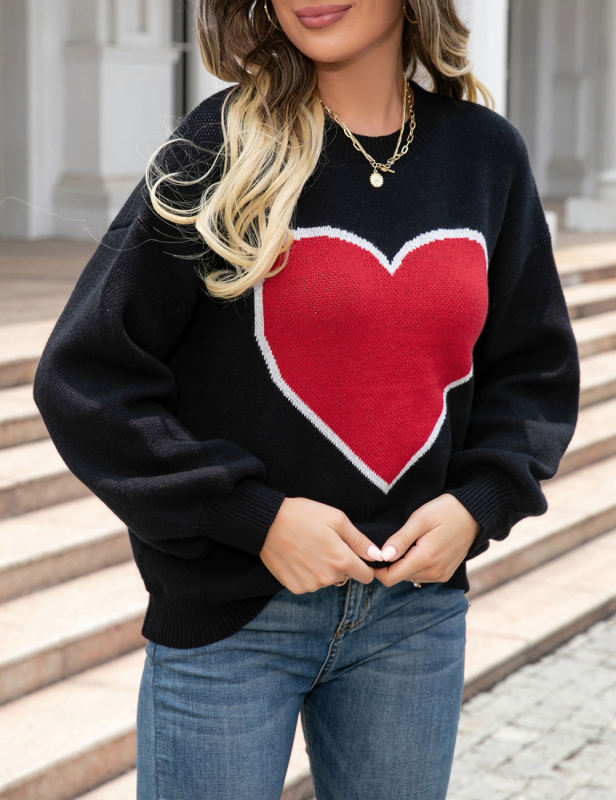 Black Heart Graphic Drop Shoulder Valentine Sweater