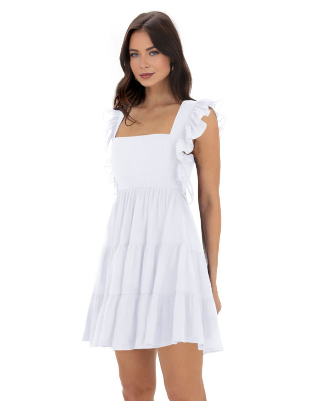 White Square Neck Ruffle Sleeveless Crepe Mini Dress