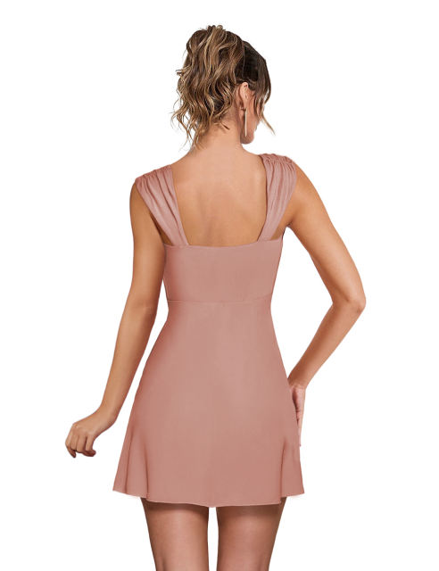 Pink Ruffle Hem Side Split Square Neck Dress
