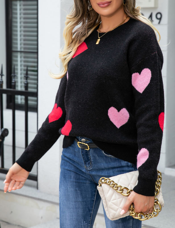 Black Hearts Graphic Pullover Knit Sweater